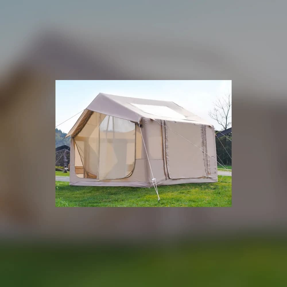 Inflatable tent with extended awning
