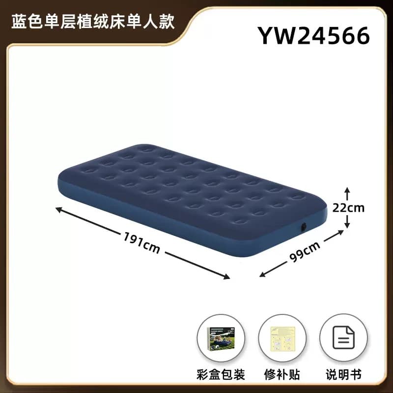 Single size blue inflatable travel mattress with flocked top, dimensions 191x99x22cm.