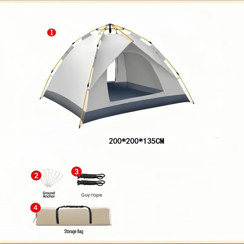 Large beige no-setup tent with automatic frame setup, dimensions 200x200x135cm.