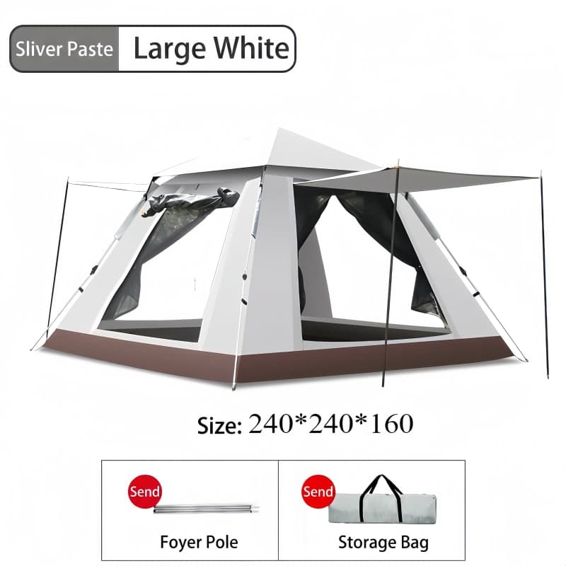 Large white square tent for family camping featuring large mesh windows and front porch, dimensions 240x240x160cm.