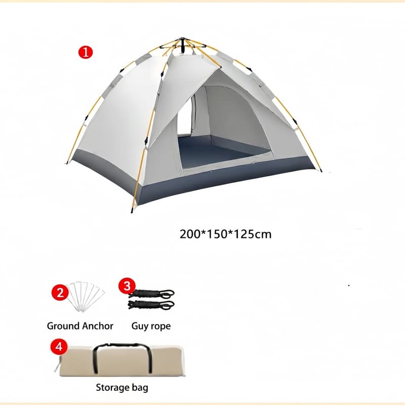 Small beige no-setup tent for 1-2 person camping, dimensions 200x150x125cm.