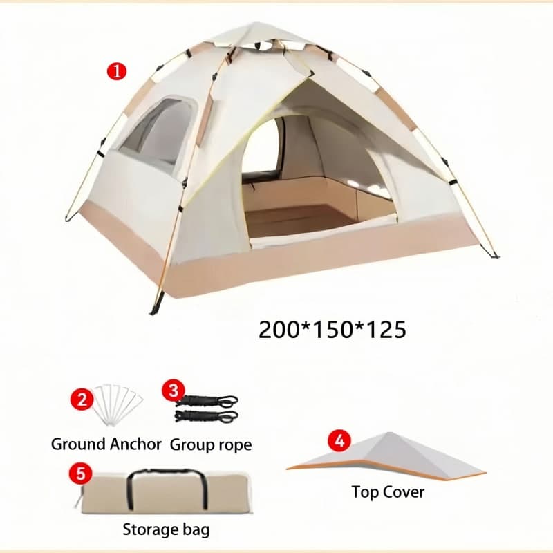 Small 2-person automatic tent with two doors and two windows, compact layout, dimensions 200x150x125cm.