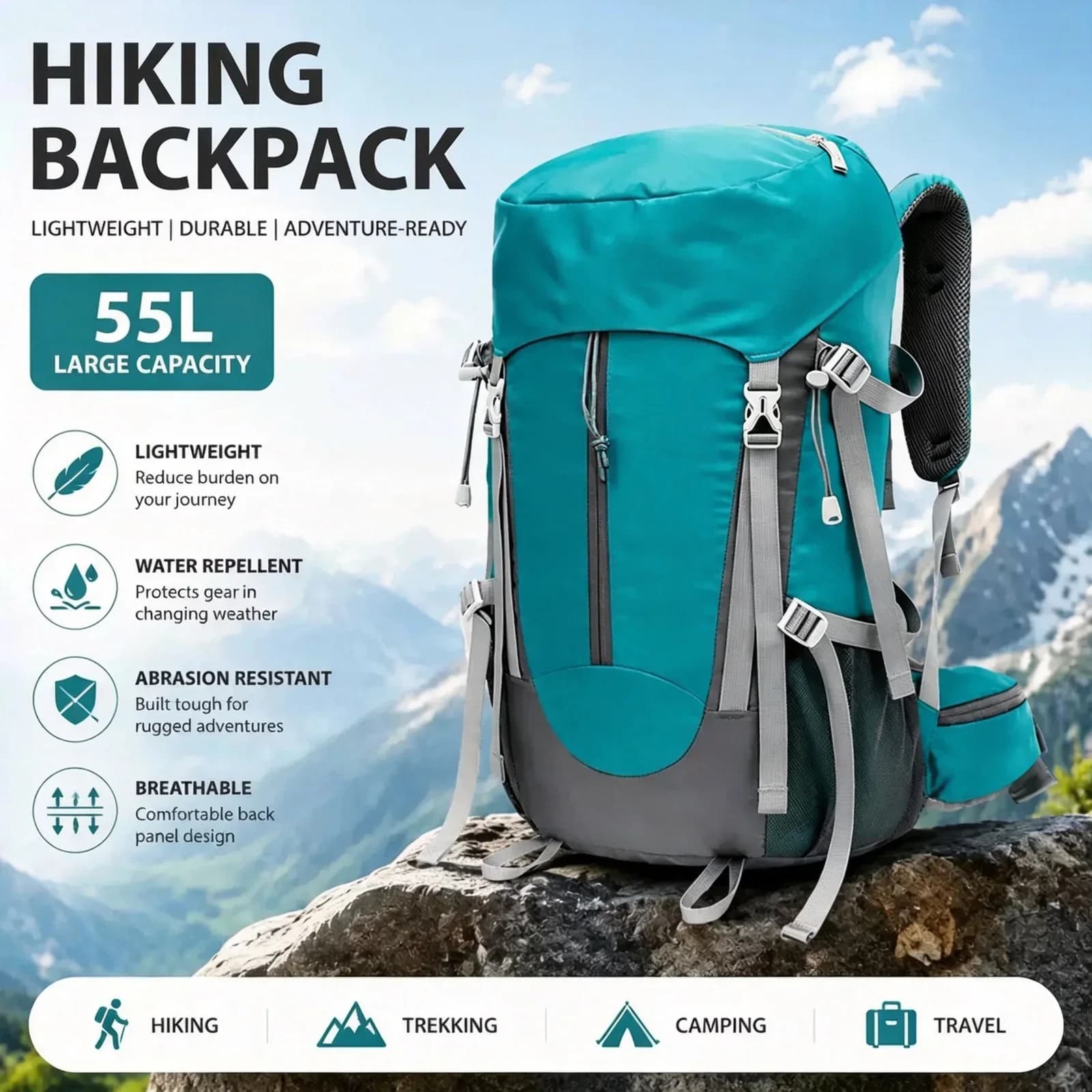 55 L Hiking Backpack | Lightweight Water-Resistant Travel Pack — product image 1