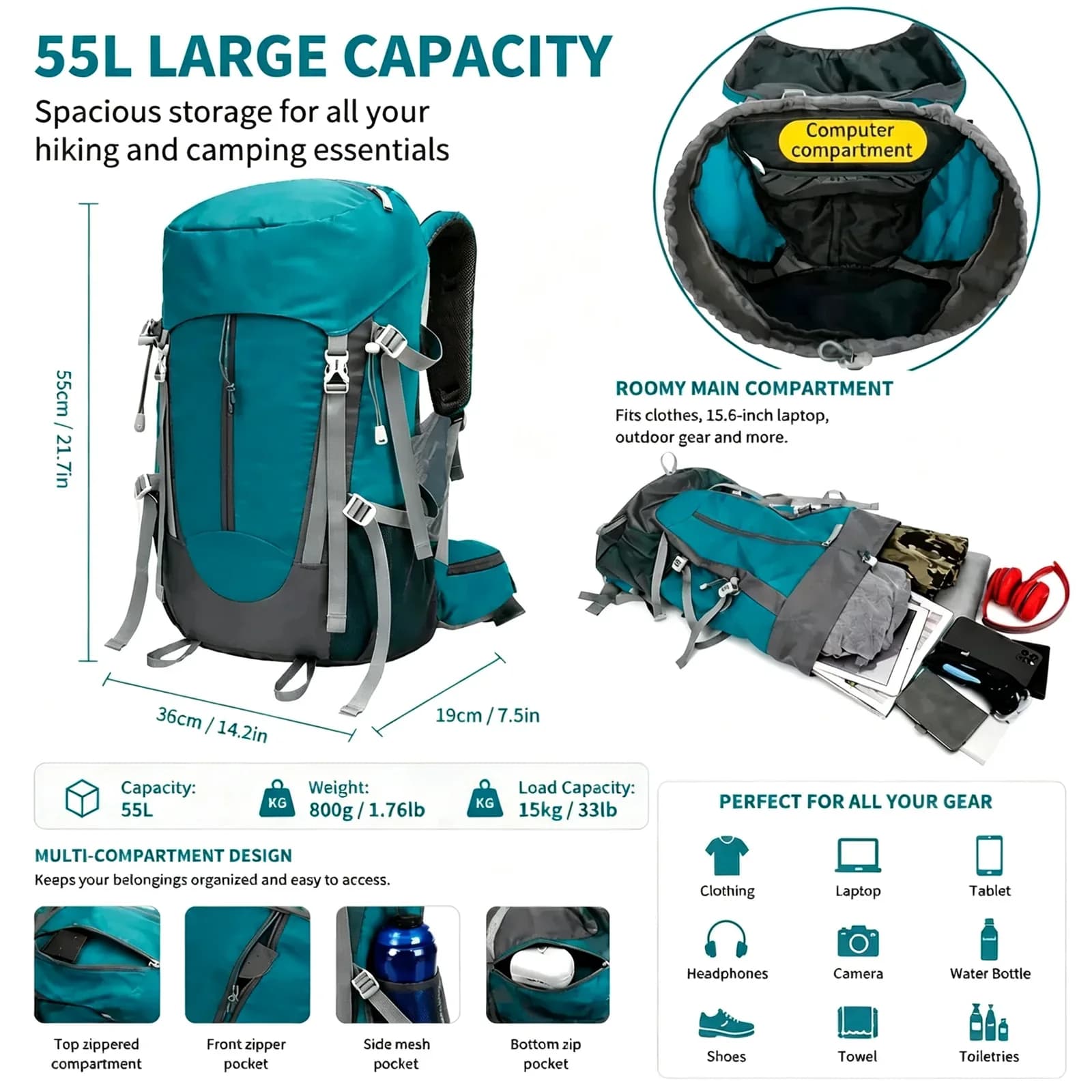 55 L Hiking Backpack | Lightweight Water-Resistant Travel Pack — product image 3