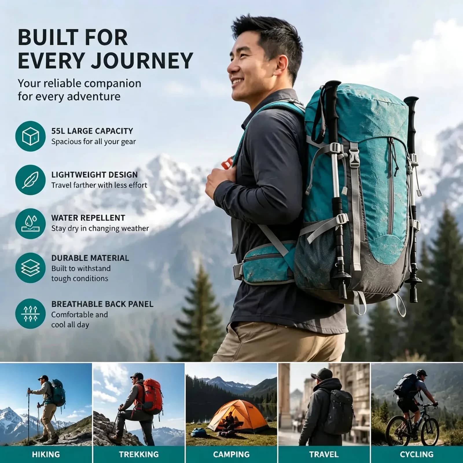 55 L Hiking Backpack | Lightweight Water-Resistant Travel Pack — product image 4