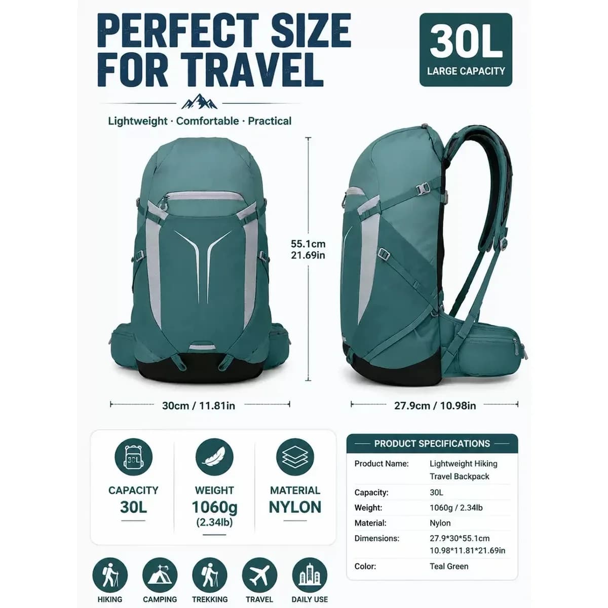 30 L Lightweight Hiking Backpack | Water-Resistant Travel Daypack — product image 2