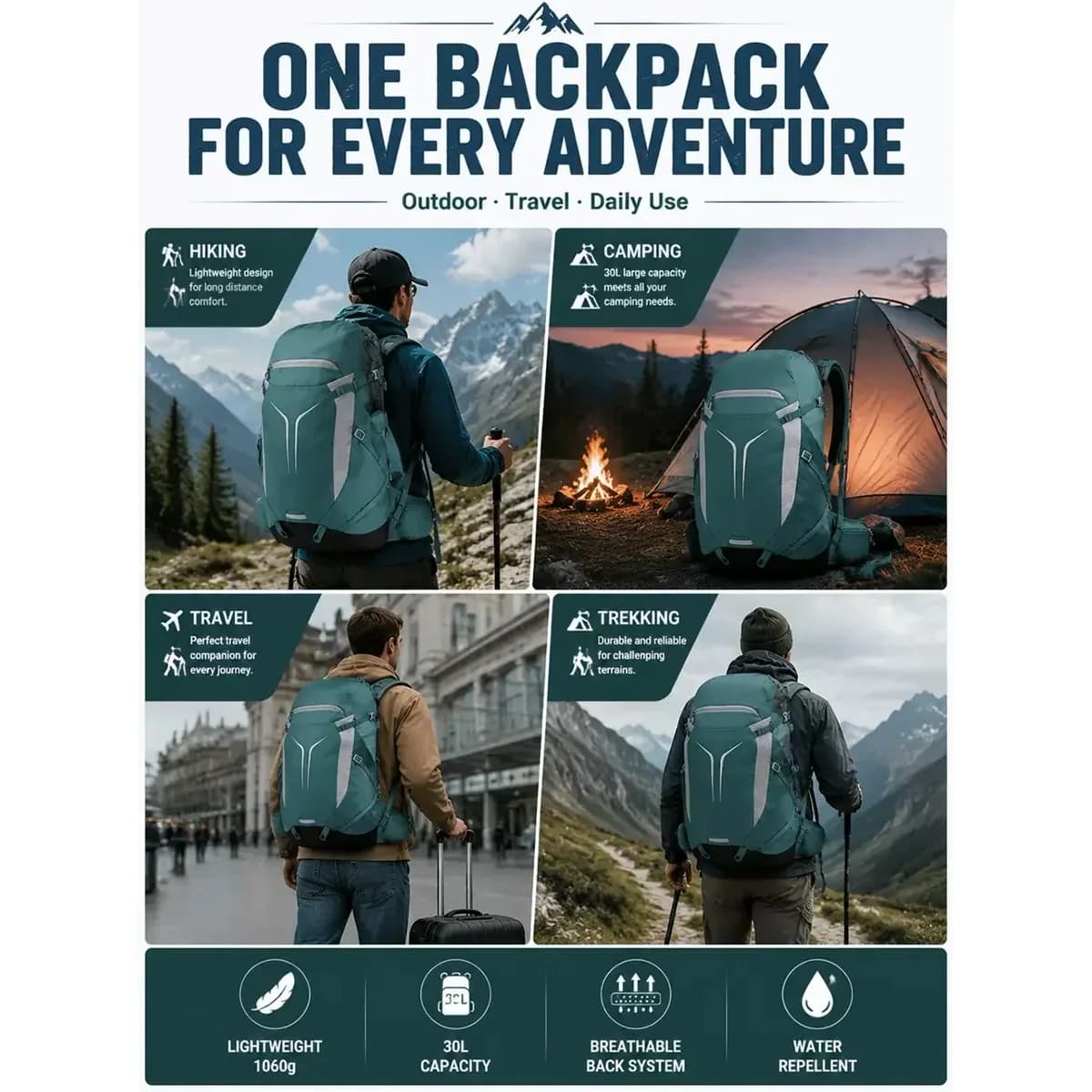 30 L Lightweight Hiking Backpack | Water-Resistant Travel Daypack — product image 4
