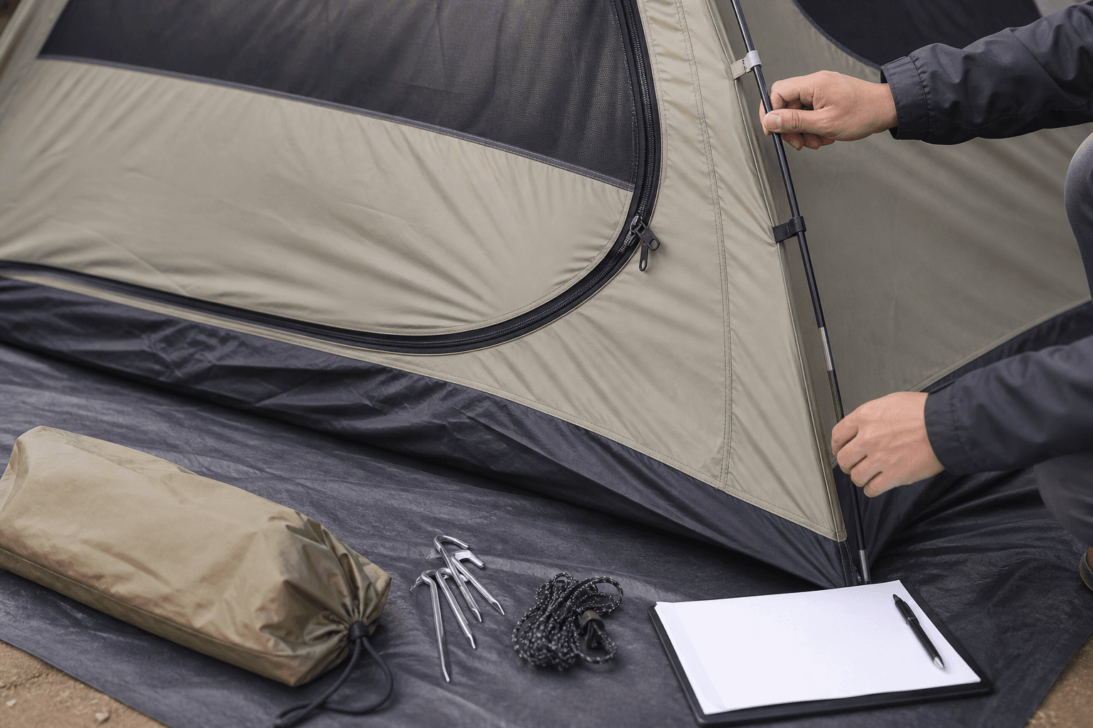 Editorial close-up of hands reviewing tent seams, zipper, pole clip and accessories