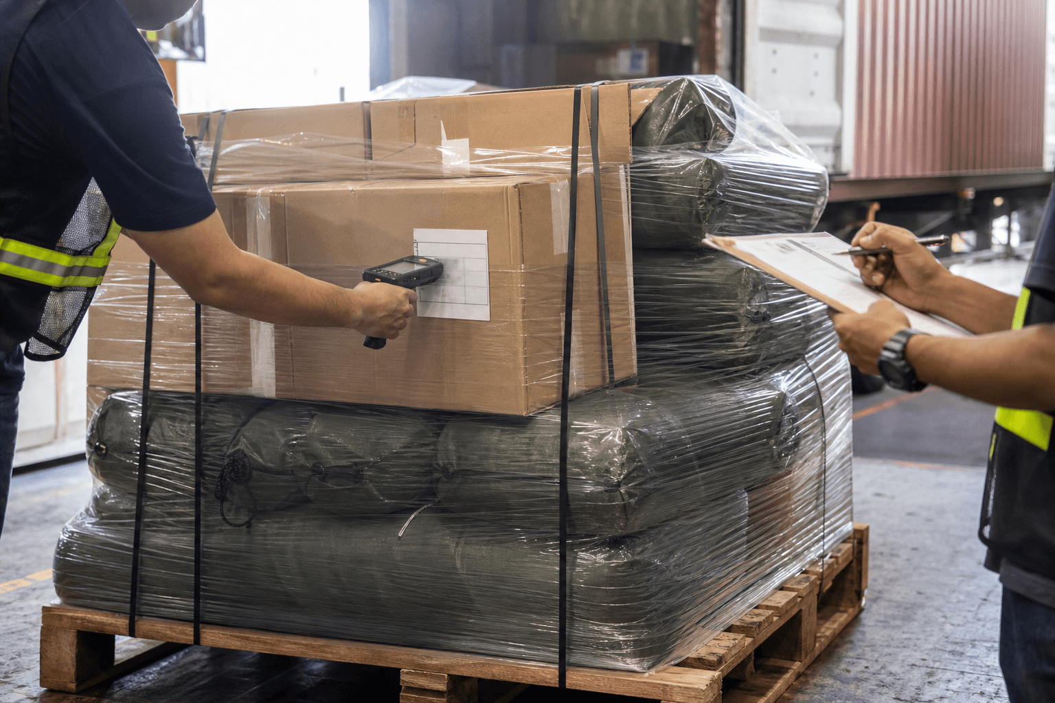 Outdoor gear pallet checked with a scanner and shipment checklist at a freight warehouse