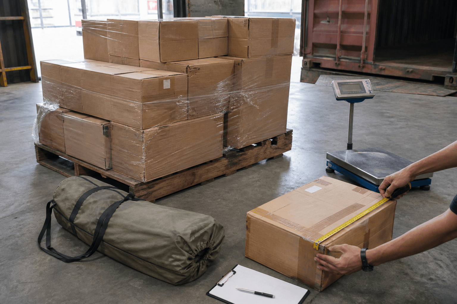 Generic warehouse scene measuring outdoor gear cartons for a freight quotation