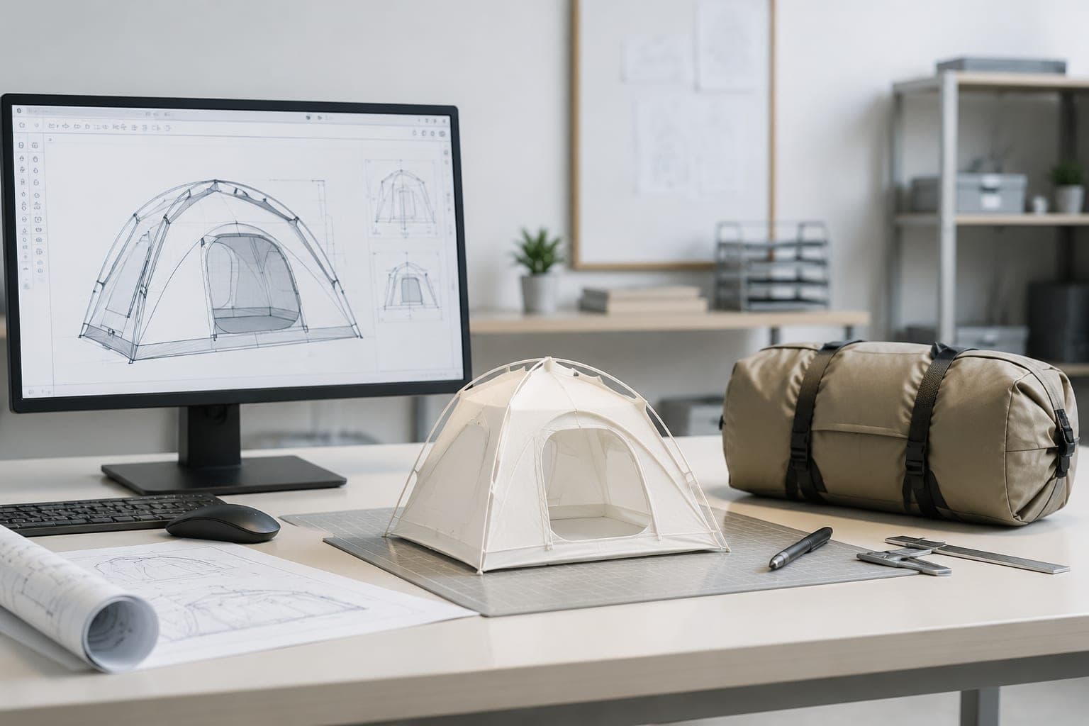 A product designer reviewing OEM and ODM manufacturing drawings at a factory desk