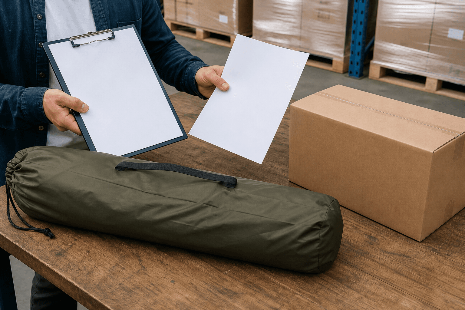 Generic buyer reviewing a packed outdoor gear item and blank shipment documents