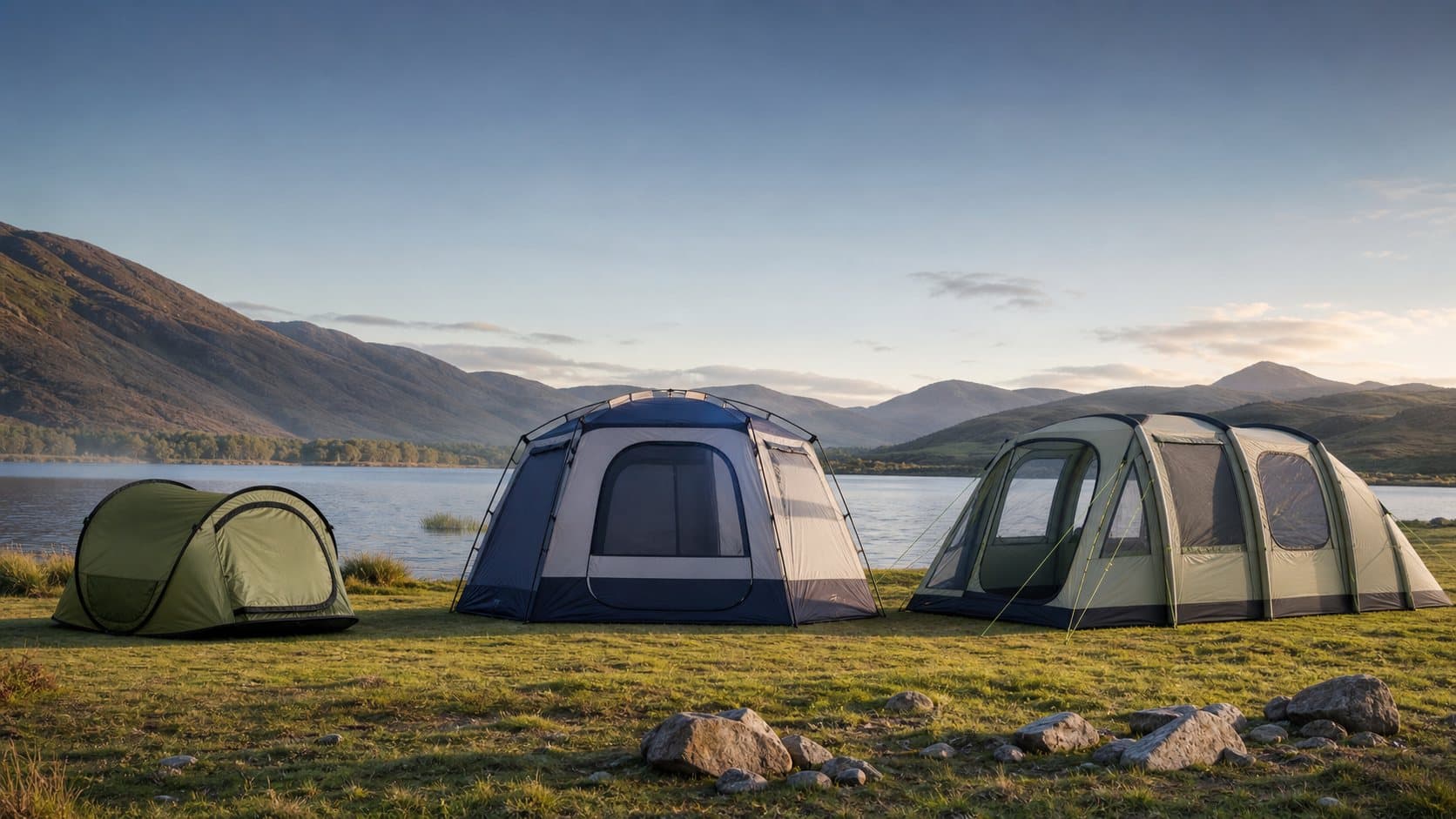 Conceptual comparison scene showing compact pop-up, instant-frame and large inflatable-style camping tents by a lake