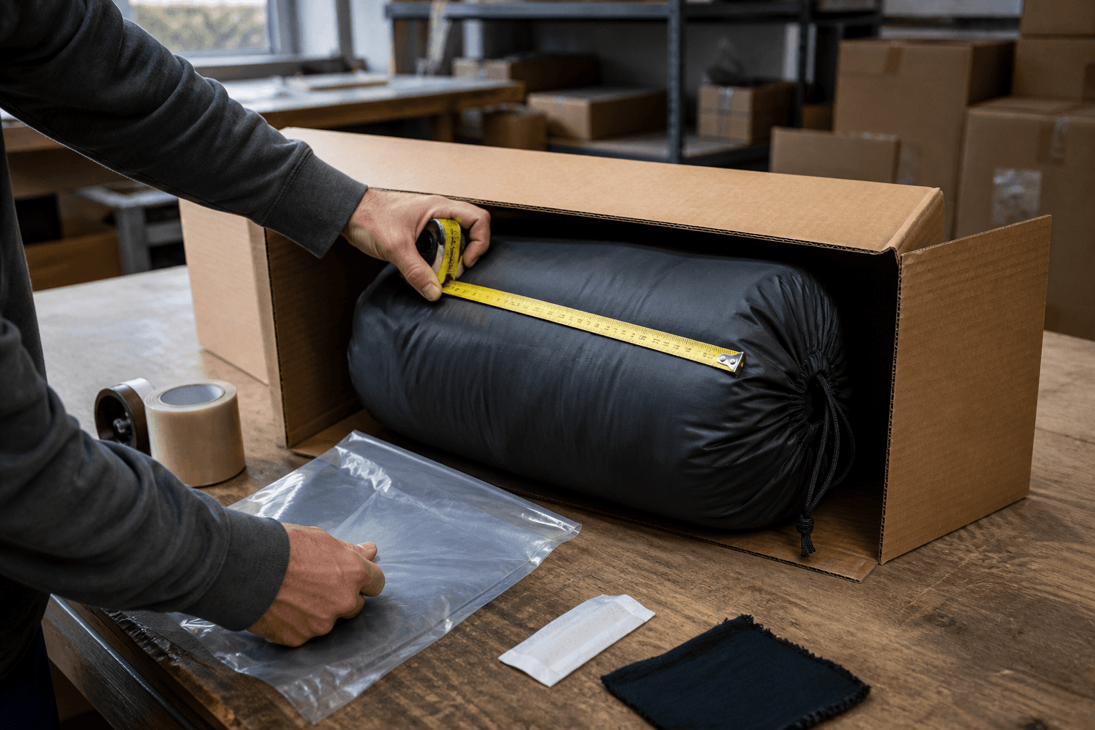 Hands checking the packed dimensions of a full-size sleeping bag and shipping carton