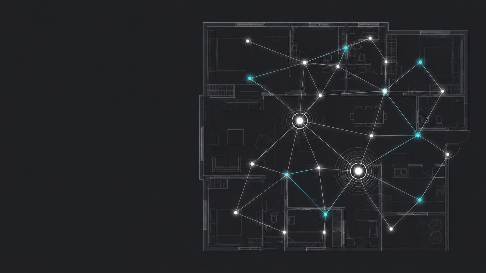 Wireless mesh network linking smart home devices, illustrating Zigbee, Thread and Wi-Fi topologies