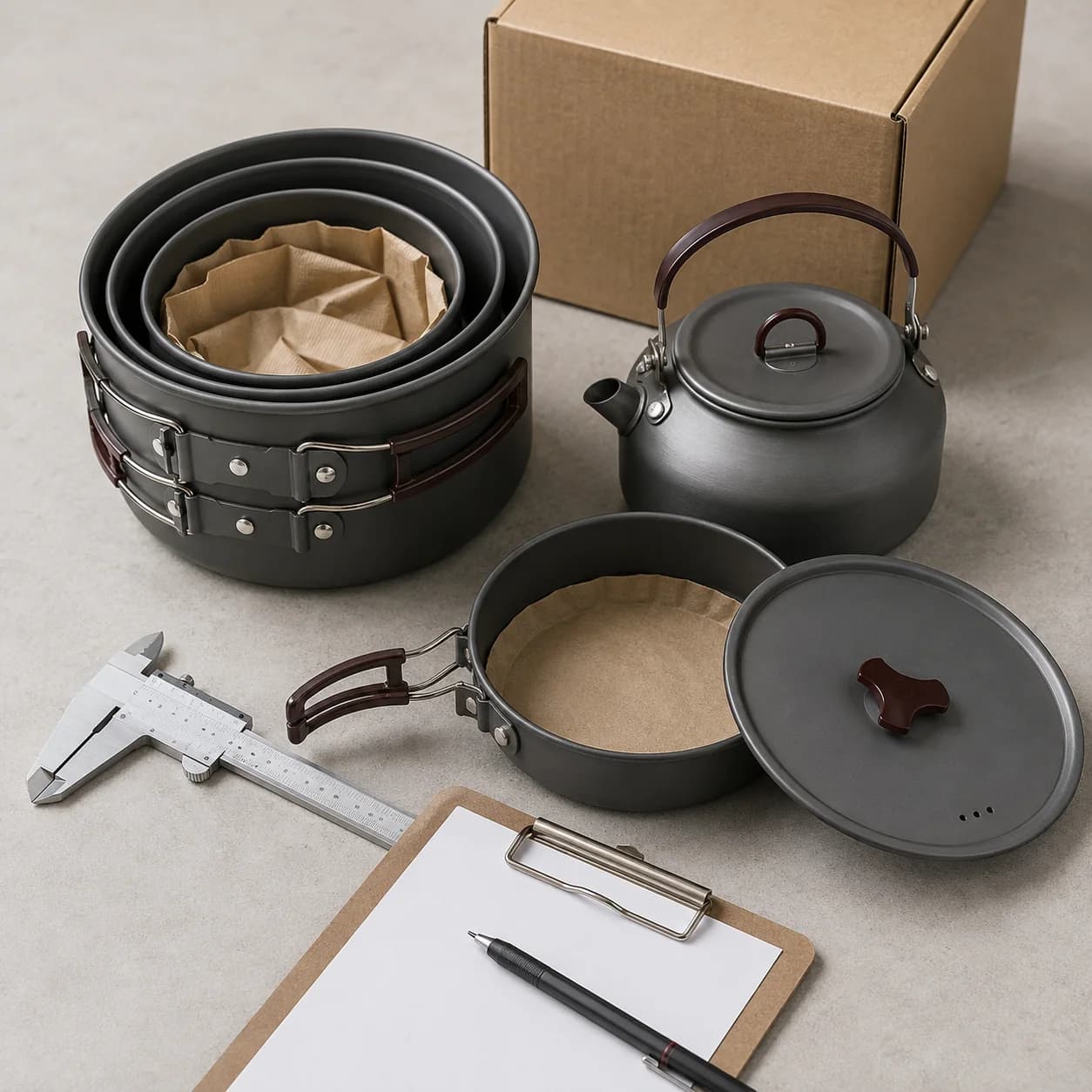 Illustrative camping cookware, packaging and blank QC checklist on a studio workbench