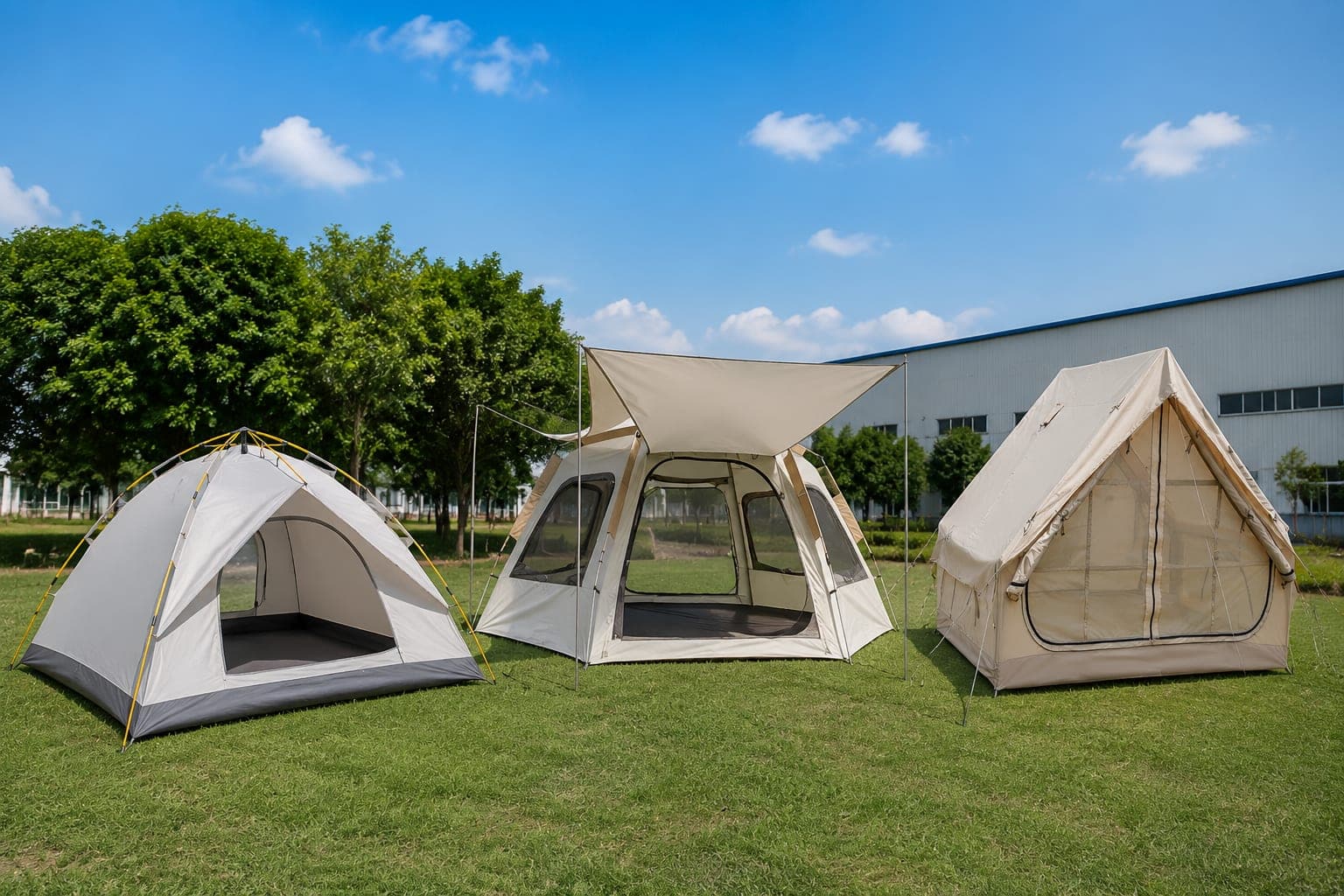 Rows of wholesale camping tents pitched in a supplier's outdoor display area