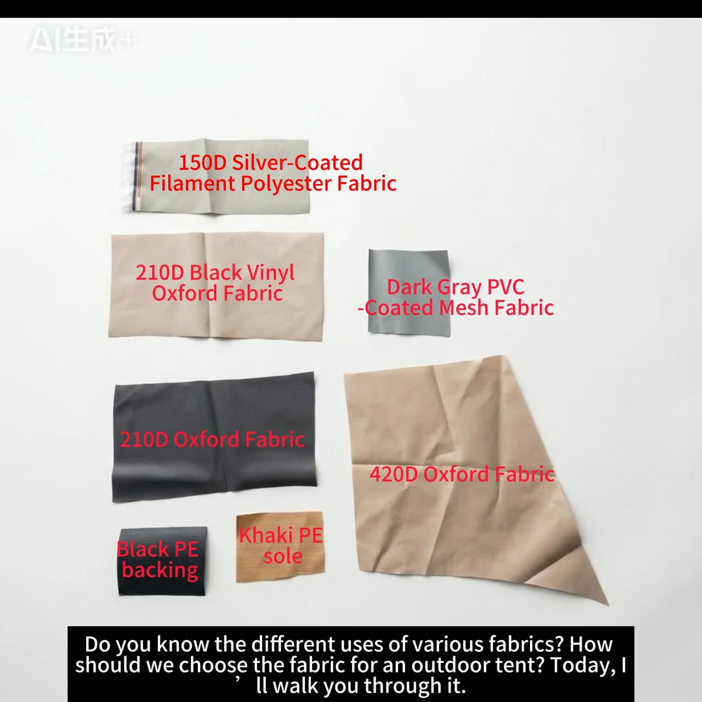 Tent-fabric comparison card shown in the Facebook video