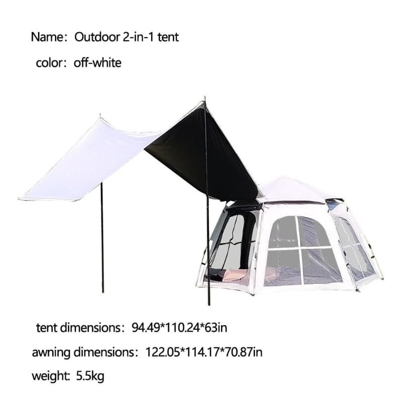 Outdoor 2-in-1 Tent with Oxford Cloth Awning – Large Tent Sizes and Capacity, Off-White Camping Shelter