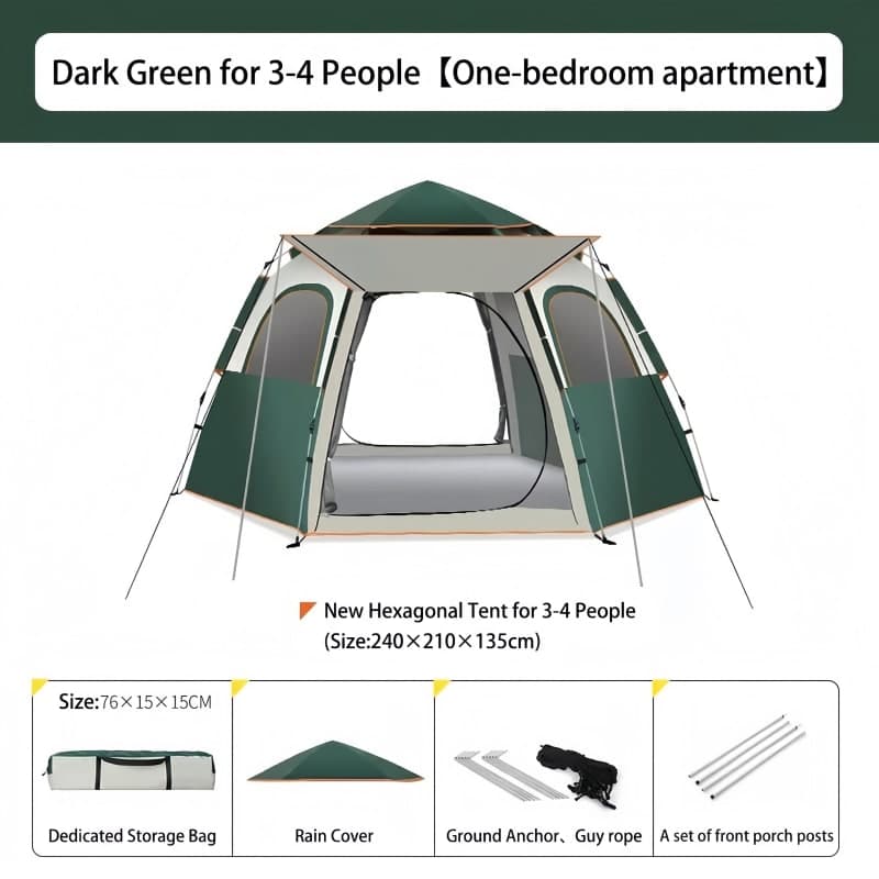 Small automatic hexagonal tent variant measuring 240x210x135cm. Built with 8.5mm automatic fiberglass poles and 210D silver-coated fabric. Weight 4kg, includes dedicated storage bag, rain cover, and stakes. Dark green hexagonal tent for 3-4 people with removable rain cover top, dimensions 240x210x135cm.