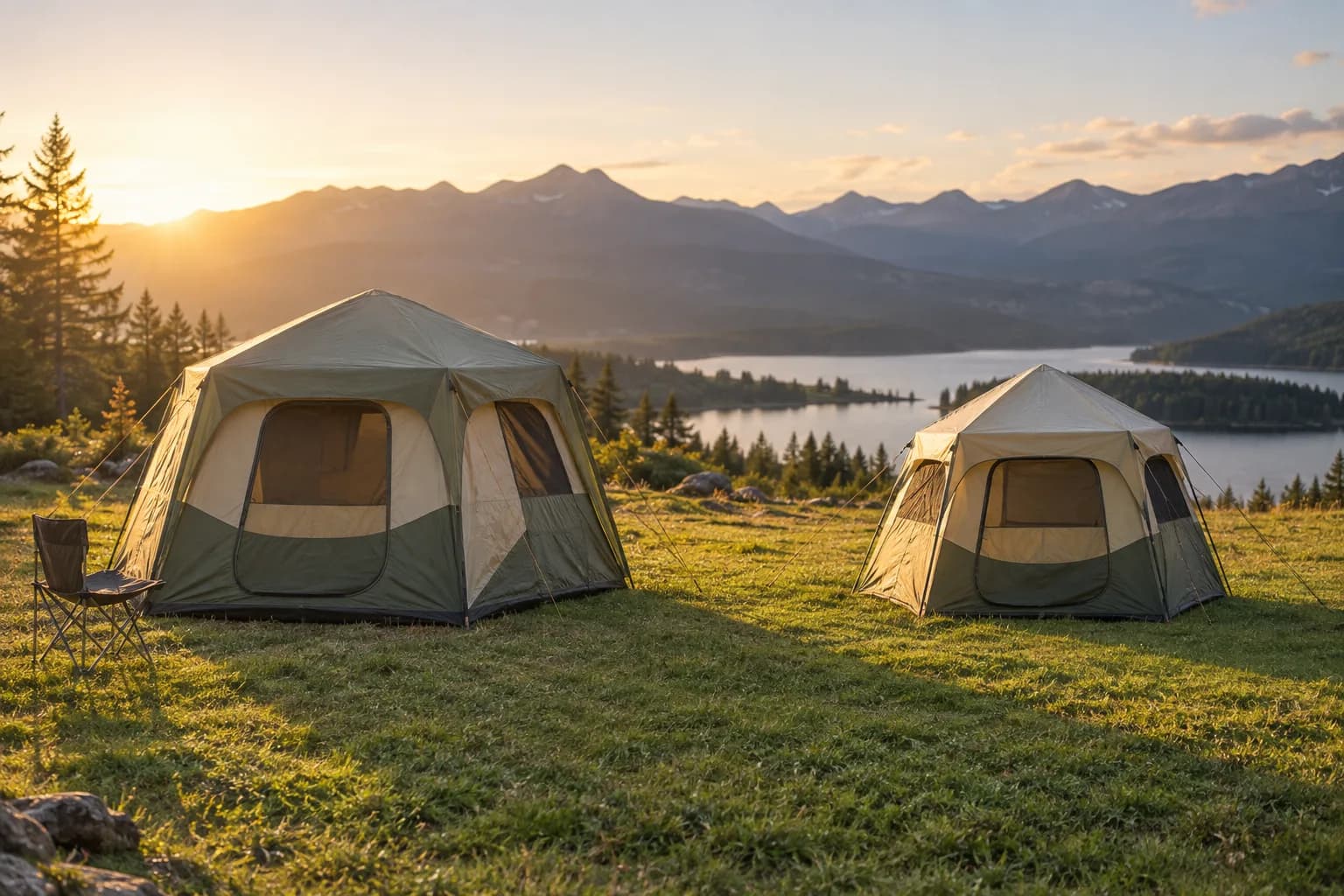 Illustrative comparison of two generic hexagonal tents with different footprints at a campsite