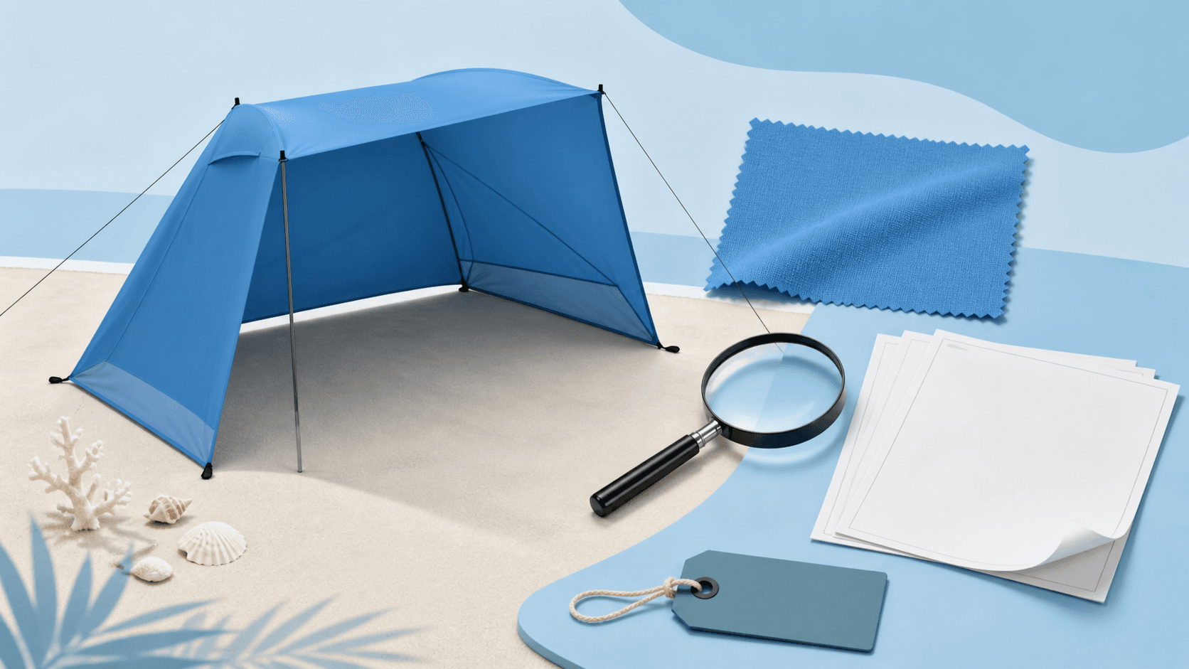 Conceptual sourcing evidence visual for a beach shelter UV-protection brief; not a product test or certification