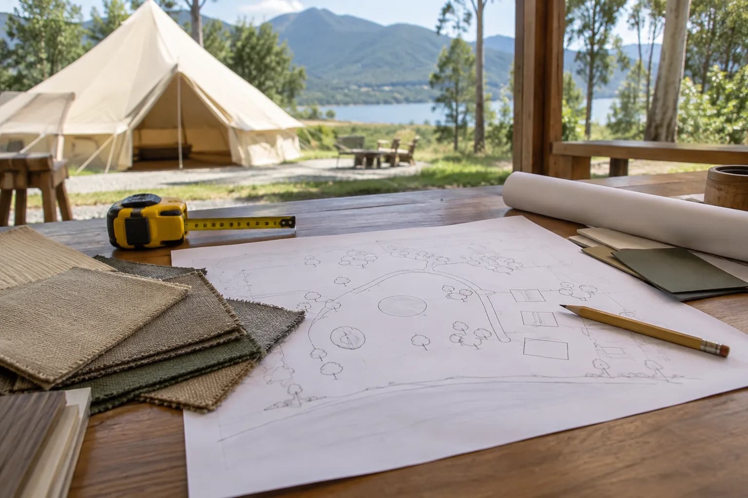 Illustrative outdoor tent project planning table with site sketch, tape measure and fabric samples