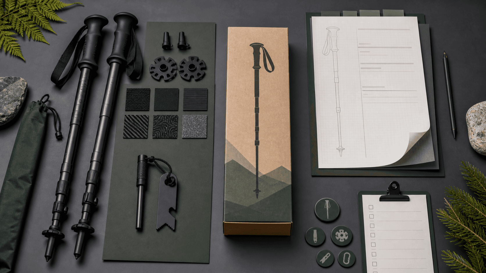 Conceptual sourcing-board visual for hiking pole and survival-tool specification planning; not a product performance claim