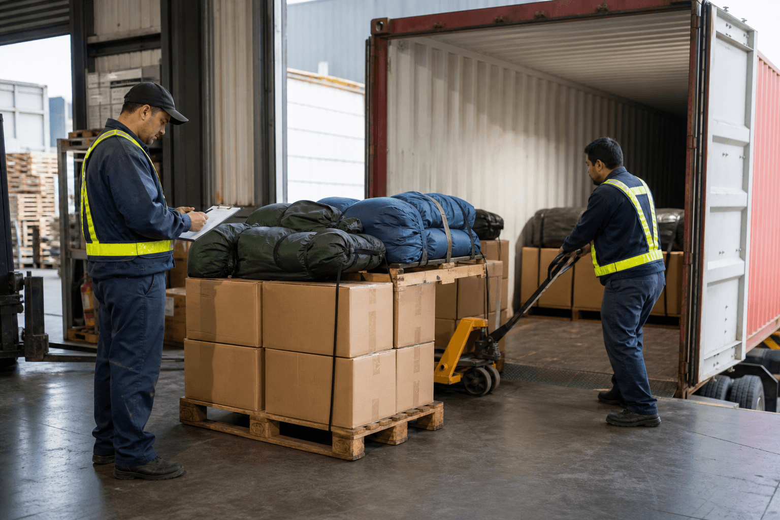 Full-size outdoor gear cartons and tent bags being loaded into an ocean shipping container
