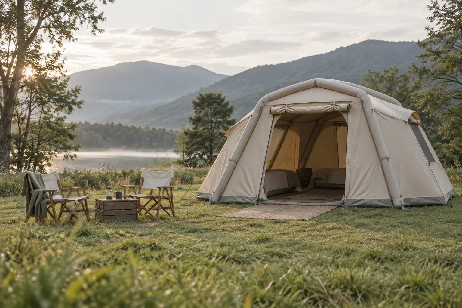 Illustrative generic air-beam tent at a calm campsite with clear entrance and guest-zone context