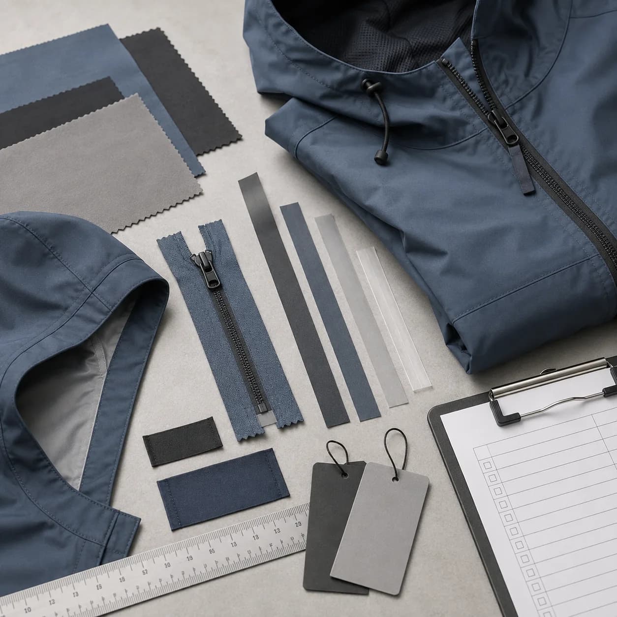 Illustrative rainwear fabric, seam tape, labels and blank inspection checklist