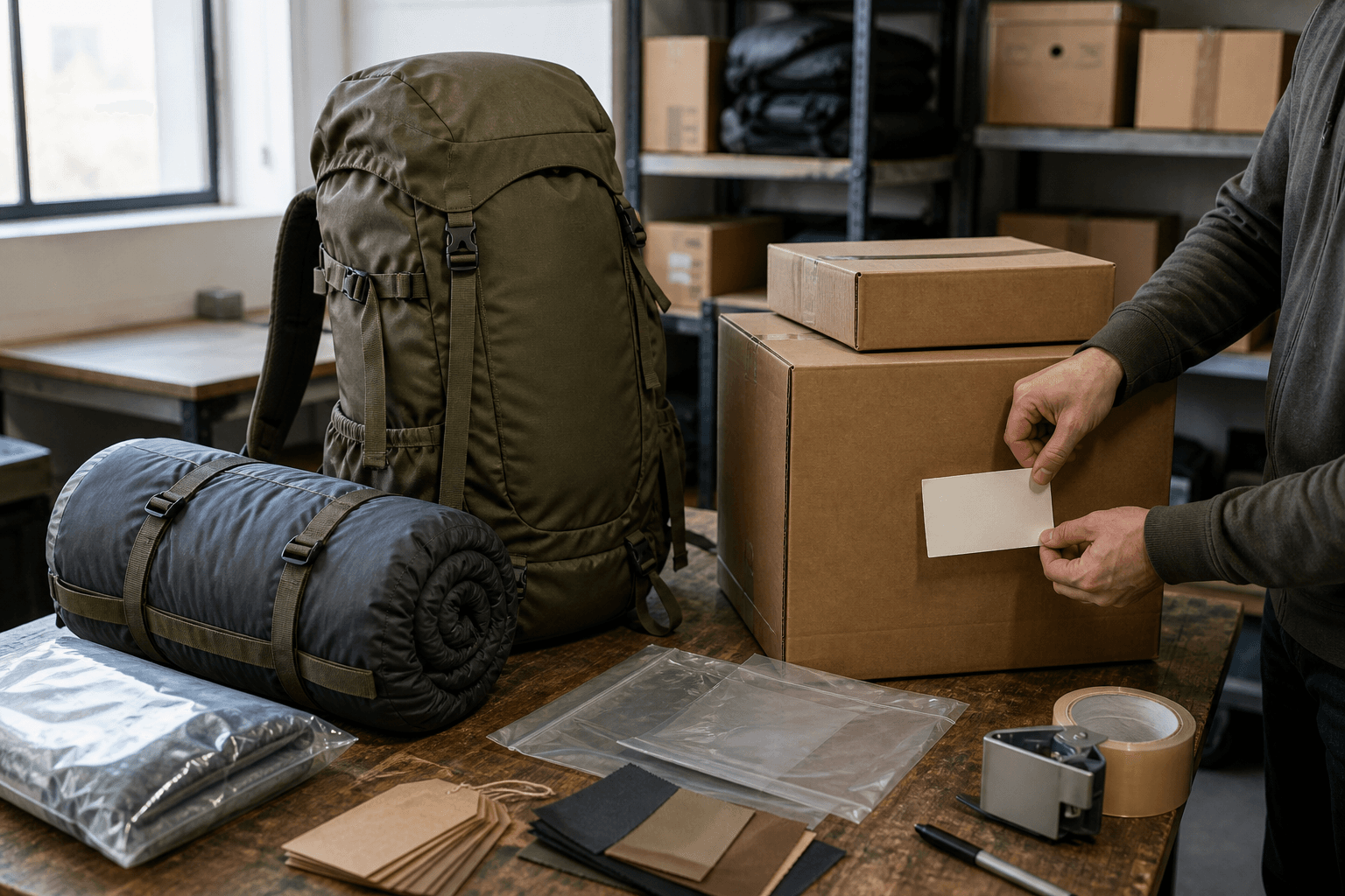 Full-size outdoor backpack, sleeping bag and cartons at a packaging preparation workspace