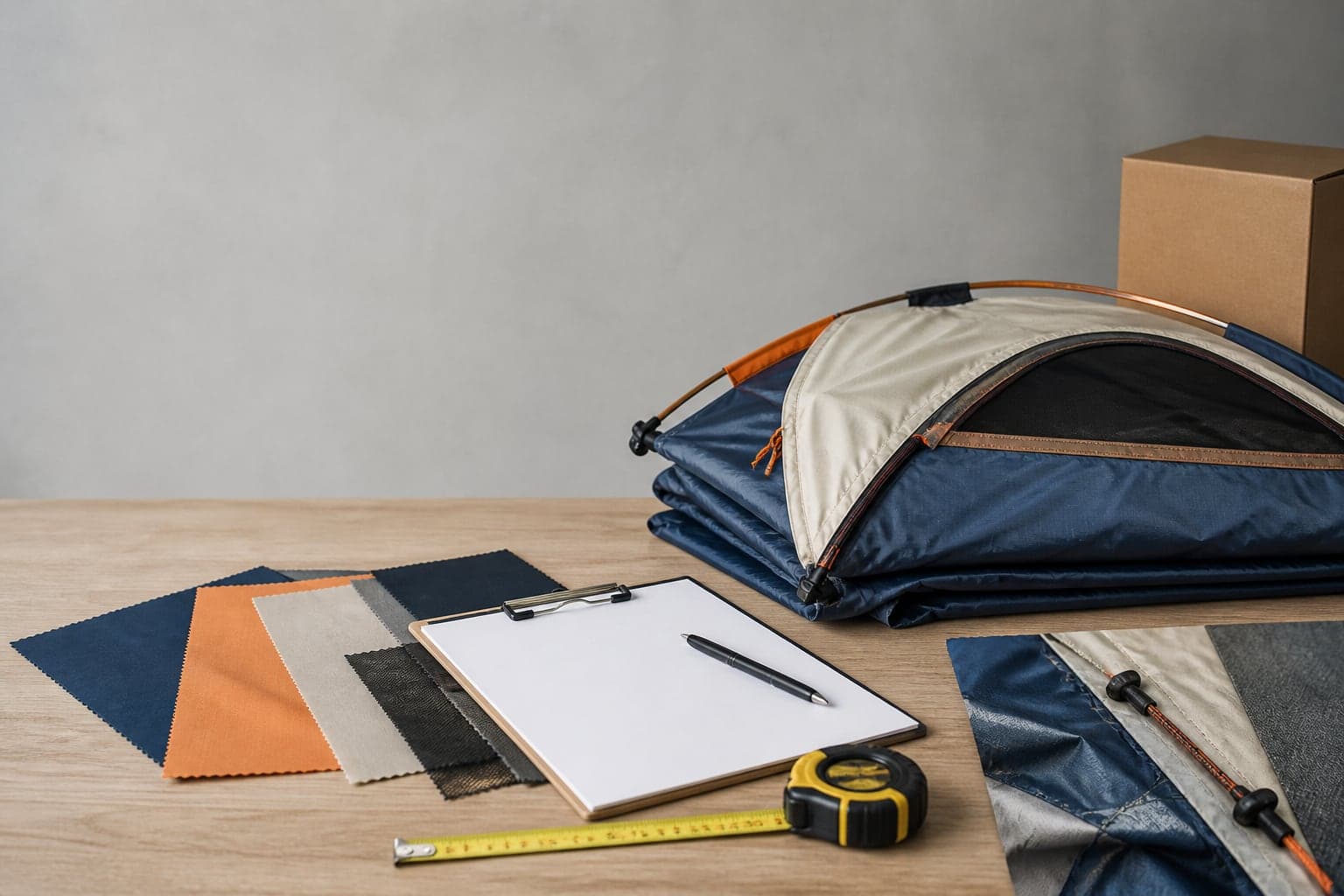 Outdoor gear sample, fabric swatches and inspection tools arranged for a bulk-production review