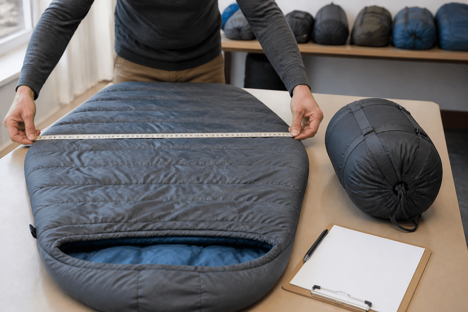 Editorial scene of a full-size sleeping bag being measured against a blank buyer checklist
