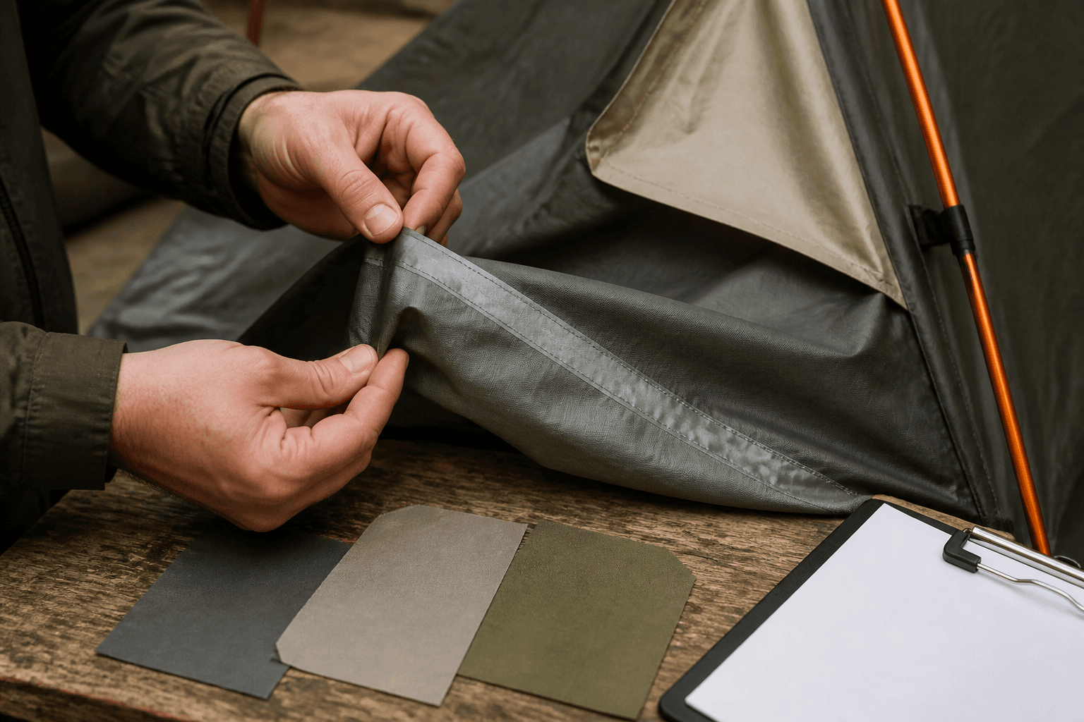 Generic close-up review of tent fabric weave, coating side, stitched seam and seam tape