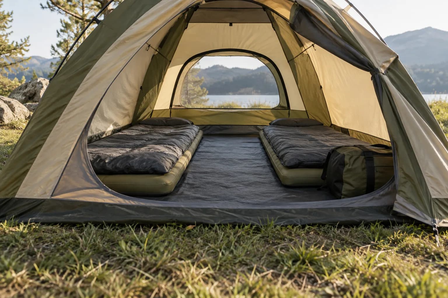 Illustrative generic tent interior showing two sleeping pads, gear and a clear central access route