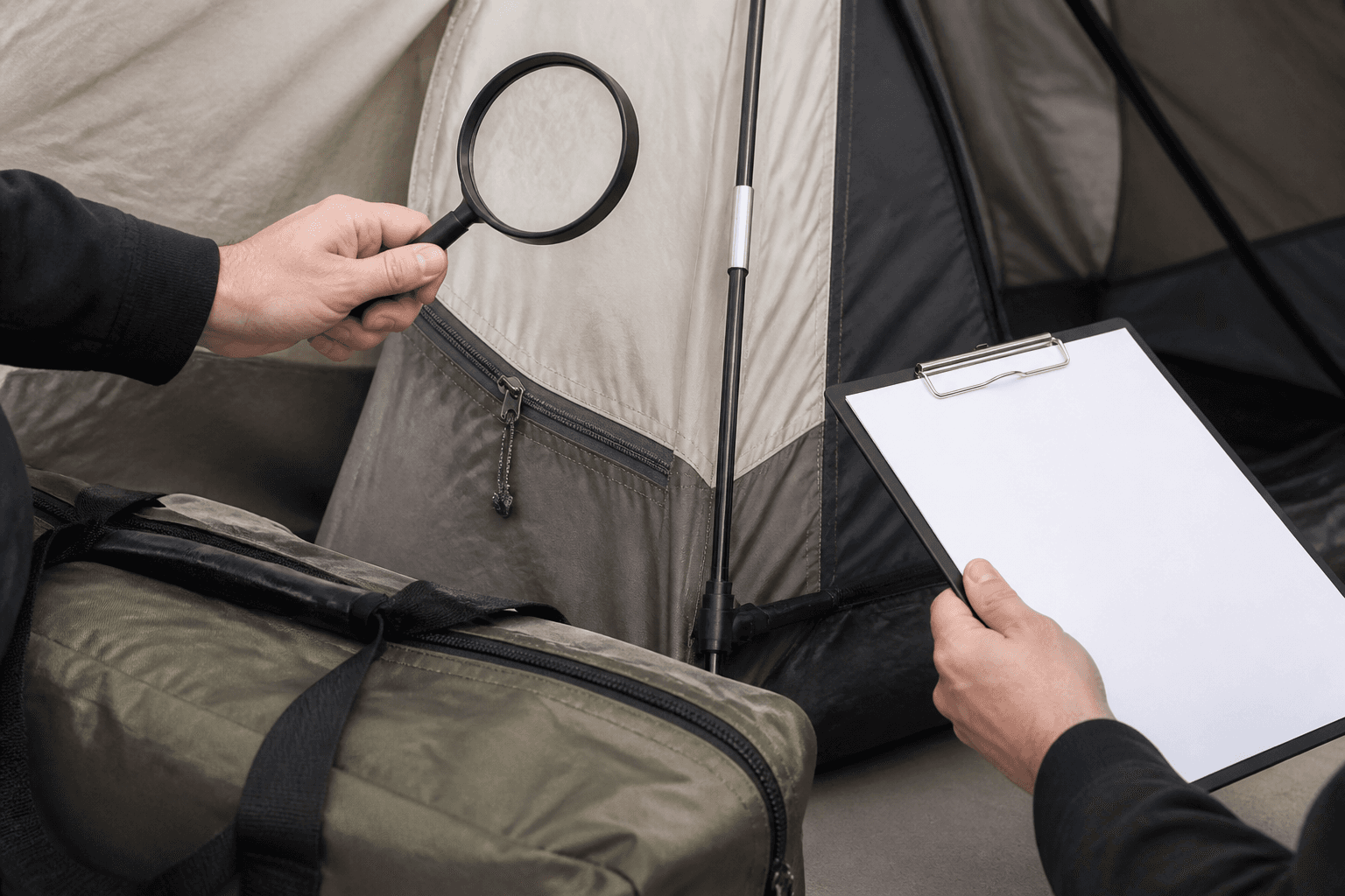 Generic close-up buyer review of a tent seam, zipper and pole connection with a blank checklist
