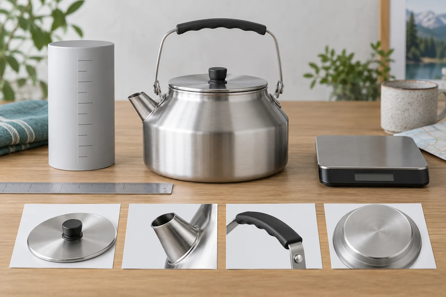 Concepto editorial de hervidor inoxidable con herramientas de capacidad